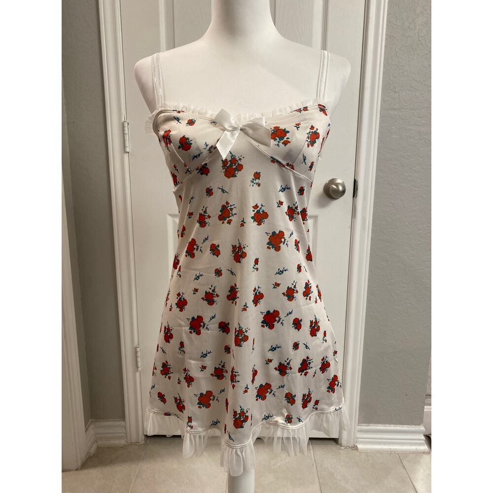 Coquette Floral Satin Mini Dress / Lingerie  Ruffle Bow Slip Size Medium